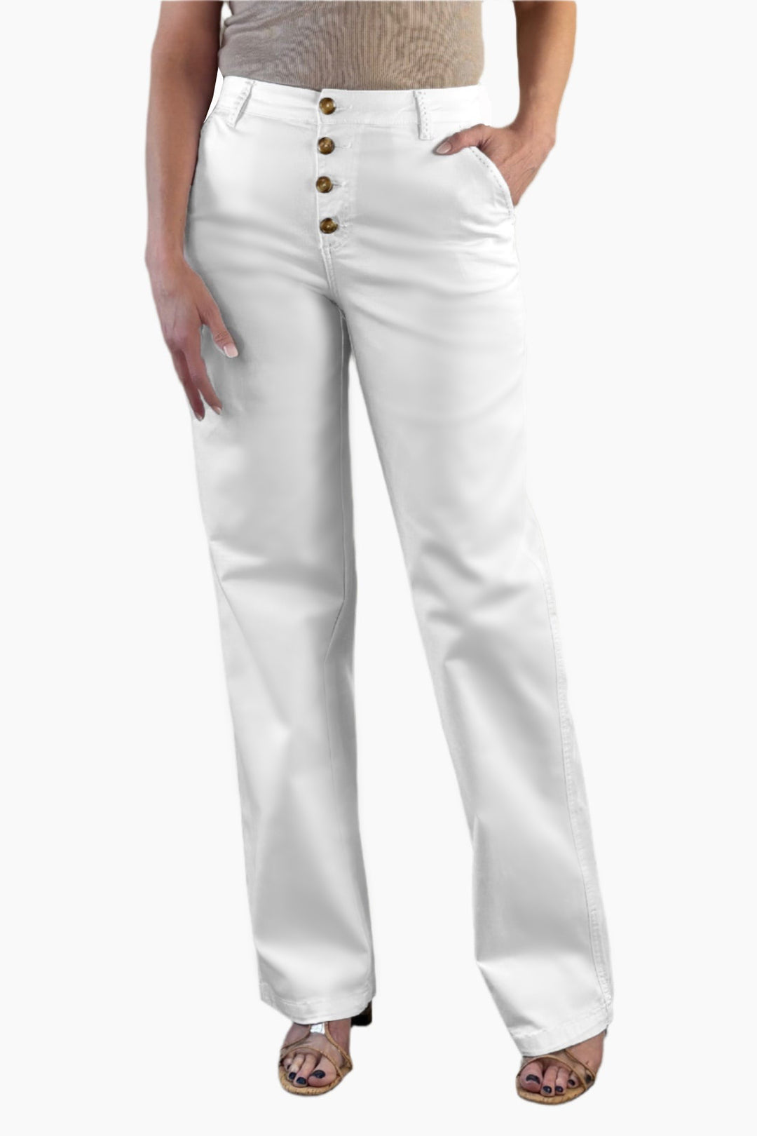 Button Fly Wide Leg Jean White - Final Sale