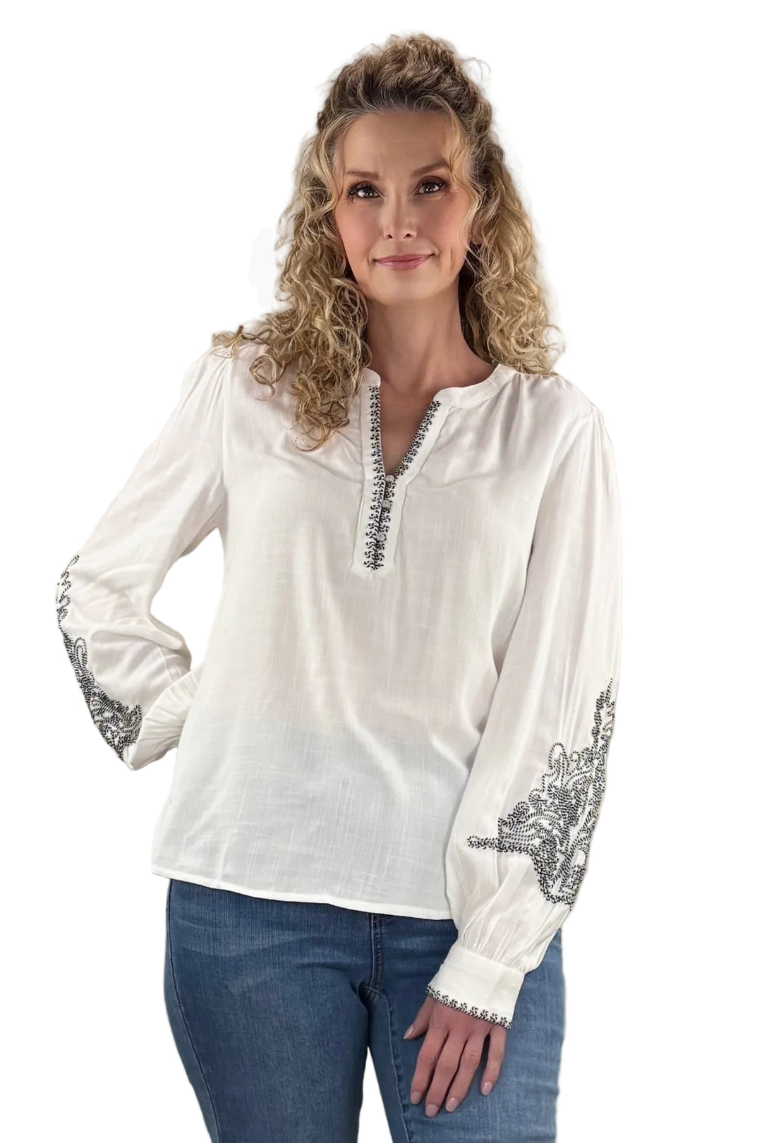 Embroidered Split Neck Blouse