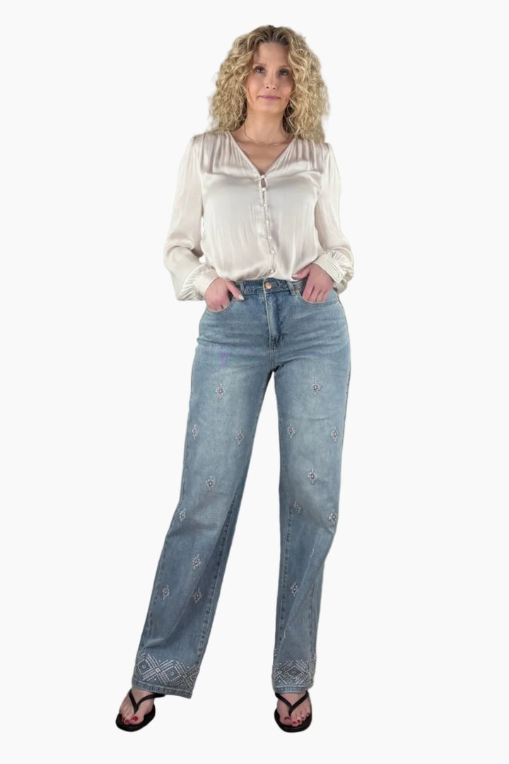 Beaded Embroidery Tall Wide Leg Jean