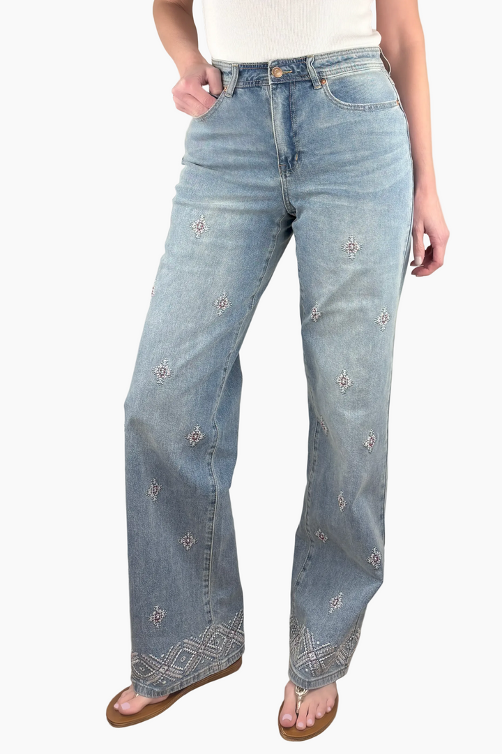 Beaded Embroidery Tall Wide Leg Jean